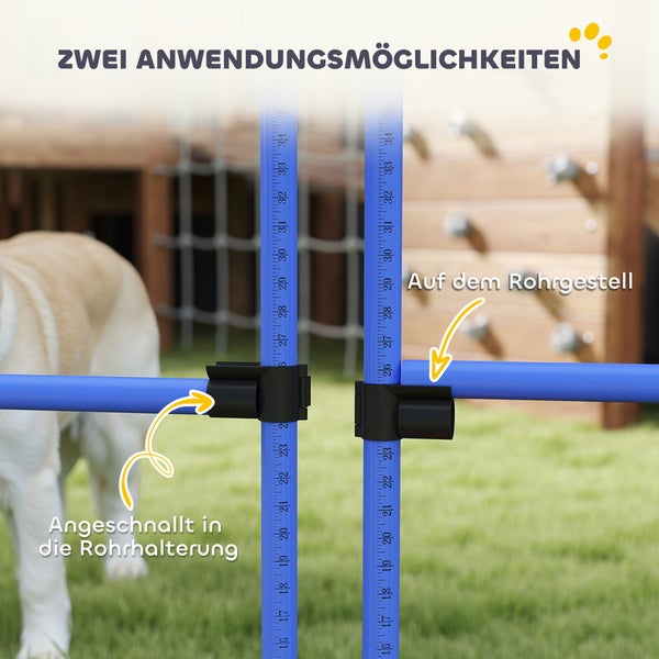 Agility-Hürde mit zwei Nutzungsmöglichkeiten: Stange in die Halterung eingeklickt oder lose oben aufgelegt für Hundetraining im Freien.