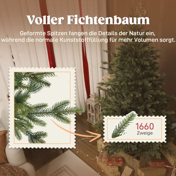 Künstlicher Fichtenbaum mit 1660 Zweigen in einem festlich dekorierten Raum. Detailaufnahme zeigt naturgetreue Nadelspitzen neben Geschenkkartons.