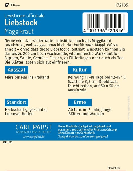 Rückseite der Saatgutpackung für Liebstöckel Maggikraut von Carl Pabst mit Informationen zu Aussaat, Pflege und Ernte.