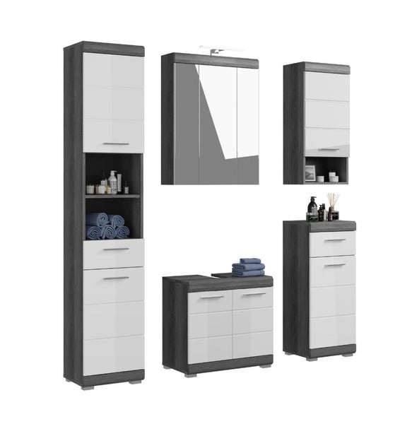 Modernes Badezimmermöbel-Set bestehend aus Hochschrank, Spiegelschrank, Waschbeckenunterschrank und Beistellschränken in Anthrazit und Weiß Hochglanz.
