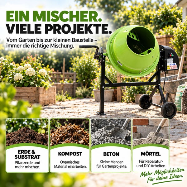 Betonmischer im Garten mit Darstellungen zum Mischen von Erde, Kompost, Beton und Mörtel für verschiedene Projekte.