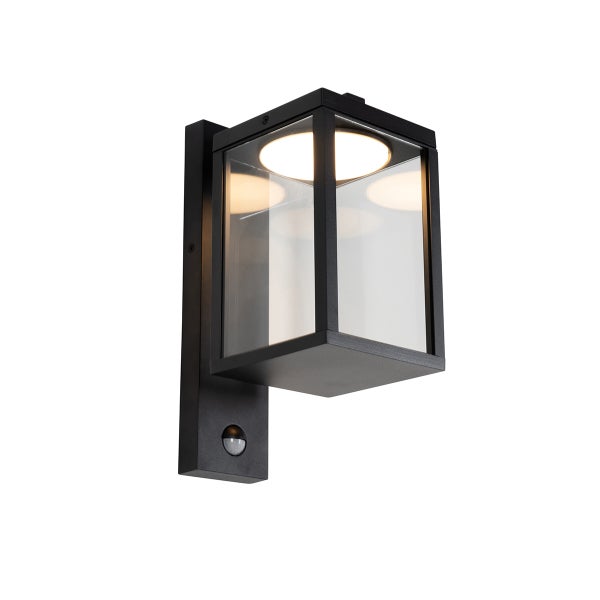 Moderne Außenwandleuchte in Schwarz mit Bewegungsmelder, rechteckiges Design aus Metall und Glas mit warmweißer Beleuchtung.