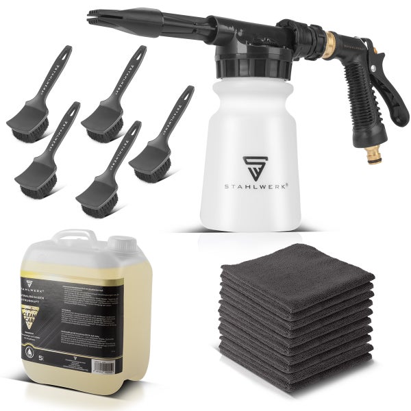 Stahlwerk Autopflegeset mit Schaumreiniger, Reinigungsbürsten, Mikrofasertüchern und Autoshampoo