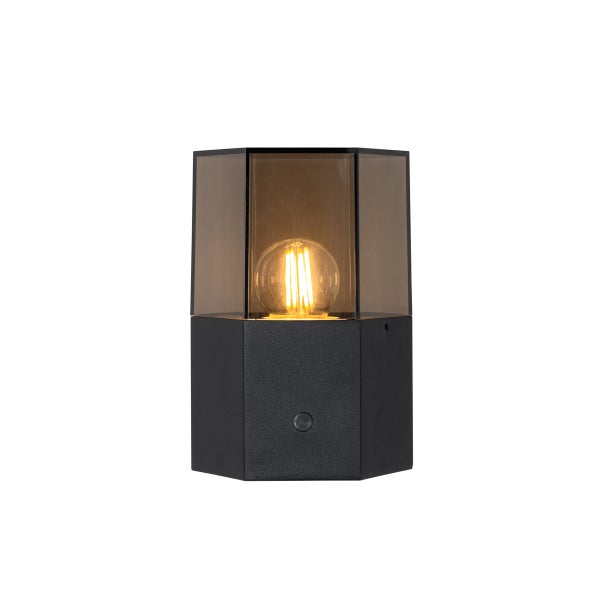 Sechseckige Außenleuchte mit schwarzem Gehäuse und getönter Abdeckung mit sichtbarem Filament-Leuchtmittel.