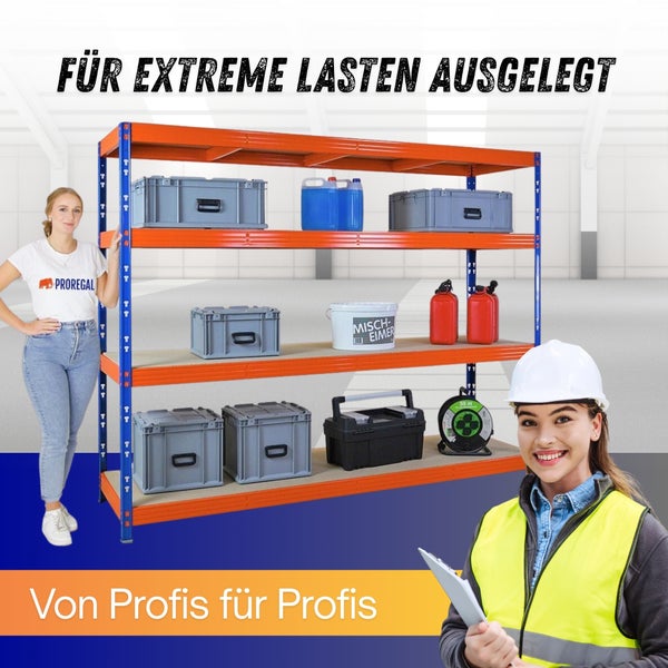 Stabiles Schwerlastregal aus Metall für Werkstatt und Lager, beladen mit Lagerboxen und Kanistern, in einer Industriehalle.