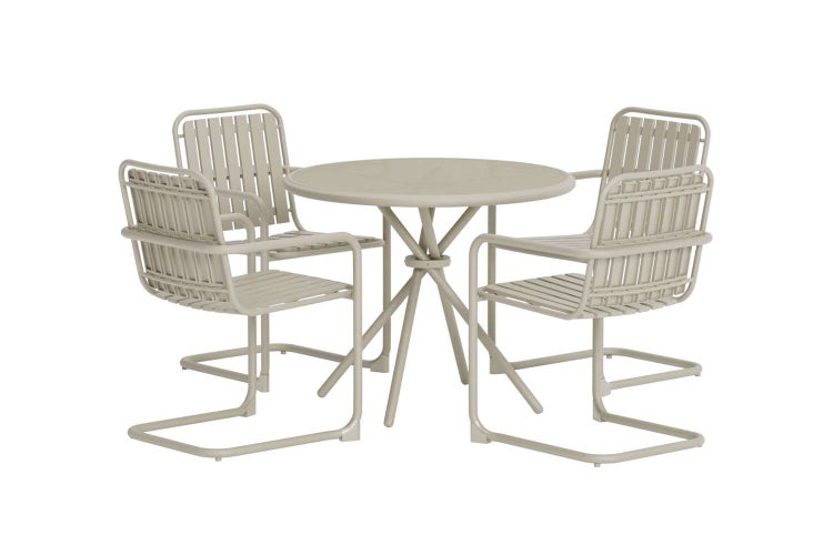 Gartenmöbel-Set bestehend aus einem runden Tisch und drei modernen Freischwinger-Stühlen aus Metall mit Armlehnen.