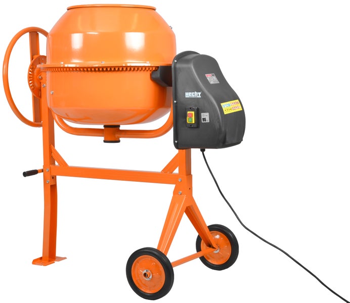 Oranger Betonmischer von Hecht mit schwarzem Motorgehäuse, Handrad und Transporträdern. Hecht Logo.