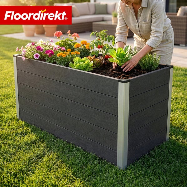 Hochbeet mit Bepflanzung und Floor direkt Logo