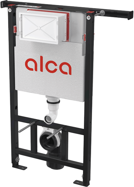 Vorwandelement für Wand-Toilette mit Unterputz-Spülkasten, Metallrahmen, Alca Logo.
