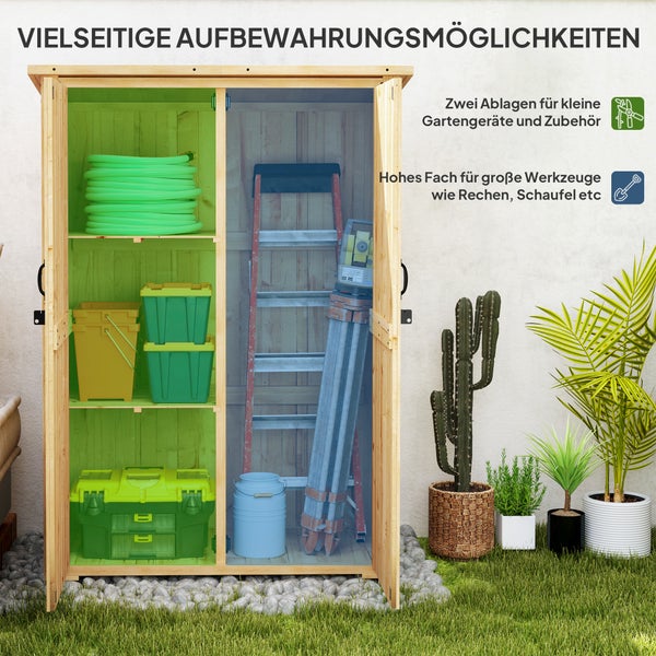 Outsunny Gartenschrank Holz, Geräteschuppen mit Abschließbar Doppeltür Asphalt-Dach Ablage 116,5x57x167cm, wetterfest Geräteschrank, Gerätehaus Gartenschuppen für Garten, Terrasse, Naturholz