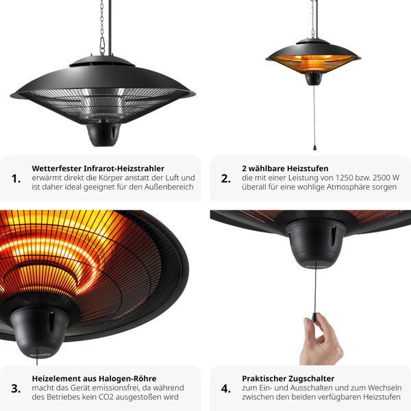 Infrarotheizstrahler tectake Solaris Orbit einfache Montage, 58 x 58 x 32 cm 2 Leistungsstufen, 1250 und 2500 W schwarz