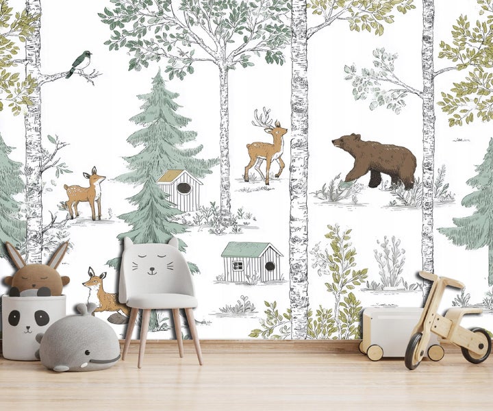 Szene mit einer Waldtapete mit Bäumen, Tieren und einem Vogelhaus