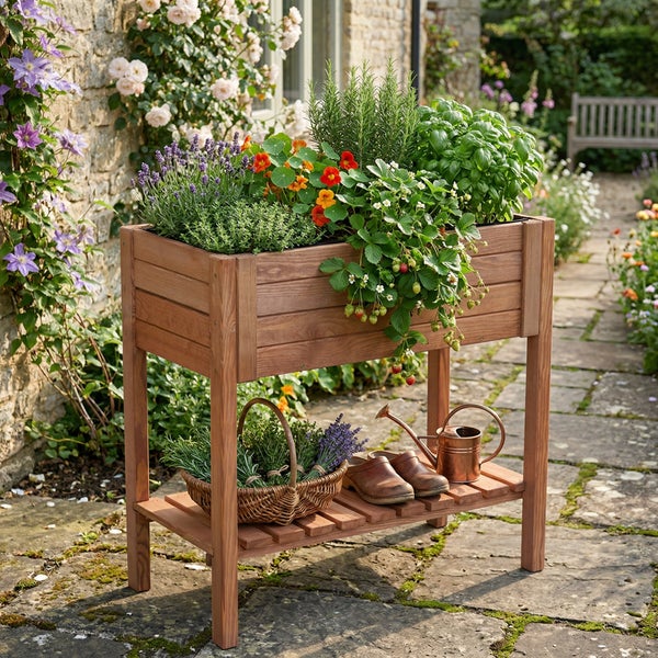 Hochbeet aus Premium-Holz mit wetterfester Lasierung, Ablagefläche und Detailansicht der Eckverbindung, hergestellt in Europa.