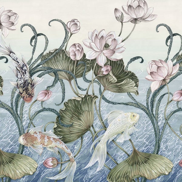 Dekorative Tapete mit Koi-Karpfen und Lotusblüten