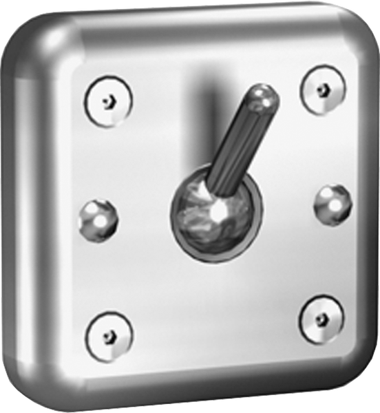 Kippschalter aus Metall mit quadratischer Grundplatte, abgerundeten Ecken und vier sichtbaren Schrauben.