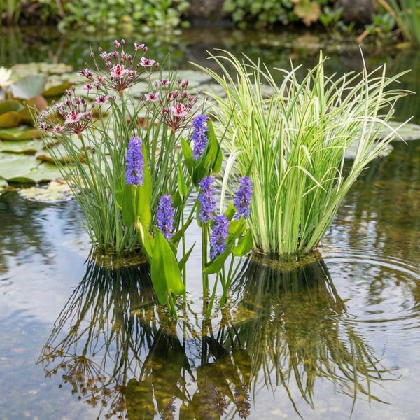 Verschiedene Teichpflanzen wie Hechtkraut, Schwanenblume und Ziergras wachsen in einem Gartenteich.