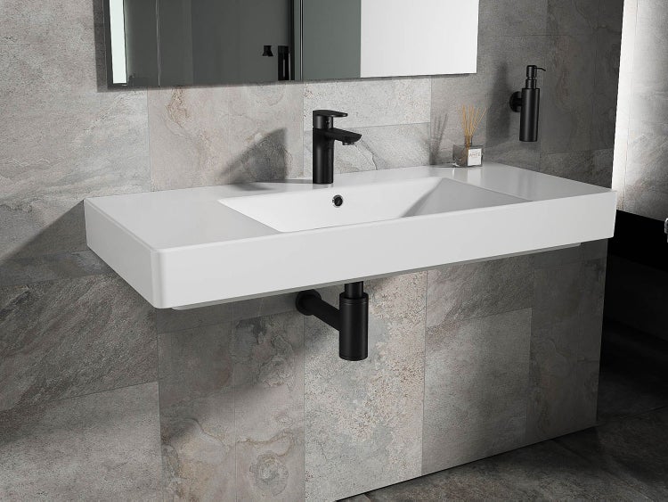 Aqua Bagno Quadra Soft Waschbecken KP.100.C – 101 x 45,5 cm – Weiß Hochglanz – Keramikbecken mit Hahnloch & Überlauf