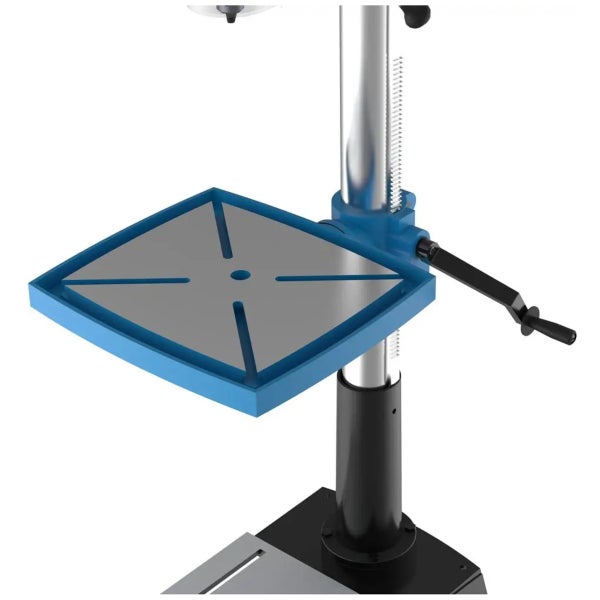 Detailansicht einer Standbohrmaschine mit blauem Bohrtisch