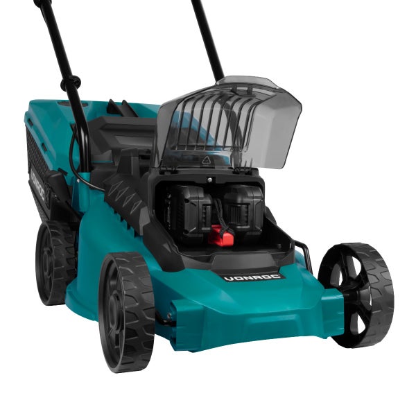 VONROC Rasenmäher, kabellos, 40 V, Kohlebürstenmotor, 33 cm, 2 x Akkus 2,0 Ah und Ladegeräte.