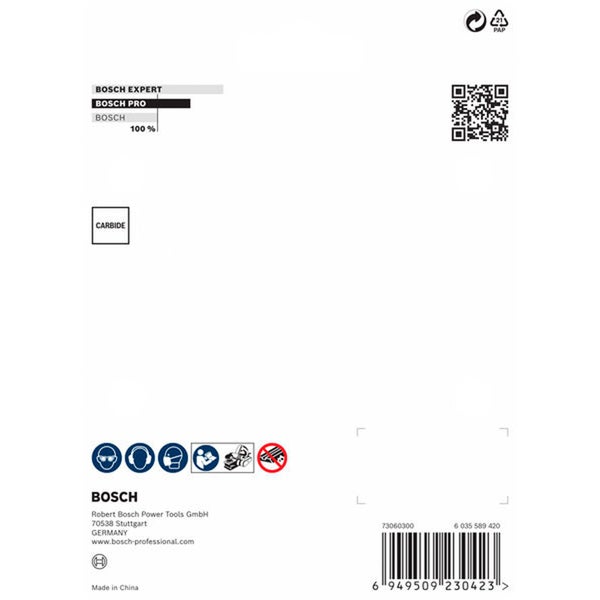 Bosch Verpackungsinformationen: Expert, Pro, Carbide, Produktsicherheitszeichen, Recycling-Symbol und Bosch Logo