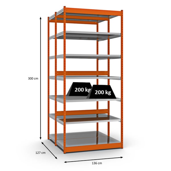 PROREGAL Fachbodenregal Stecksystem Vierkant-Profil Grundregal HxBxT 300 x 132,5 x 60 cm 2x7 Ebenen Doppelseitige Bauart Fachlast 200 kg Orange