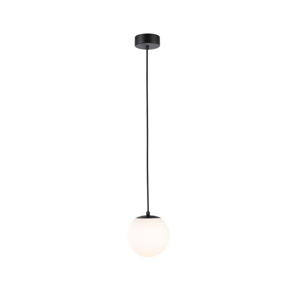 Moderne Hängeleuchte mit kugelförmigem Glasschirm und schwarzer Deckenhalterung.