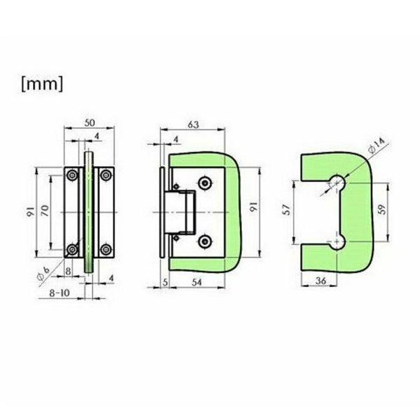 Technische Zeichnung mit Maßangaben in Millimetern für ein Duschbeschlag Glasverbinder Scharnier.