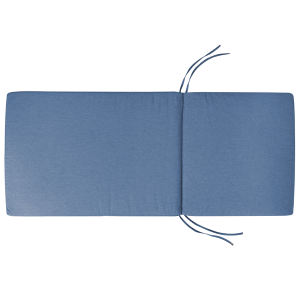 Blaue Auflage für Sonnenliegen mit zwei Segmenten und Befestigungsbändern.