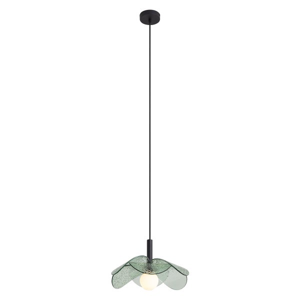 Moderne Pendelleuchte mit Glasschirm in Blütenform und Leuchtmittel