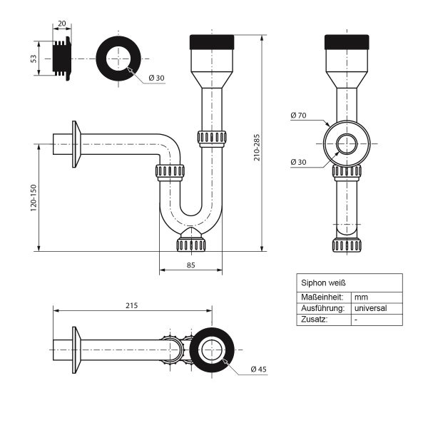 ECD Germany Urinal Pissoir Siphon Flaschensiphon Geruchsverschluss Ablaufgarnitur Aufputz Ø50 x 32 mm