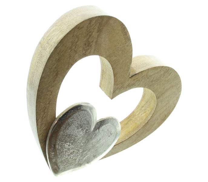 FRANK FLECHTWAREN | Holzdeko Herz, HOLZ, ALUMINIUM, 24 x 4,5 x 25 cm