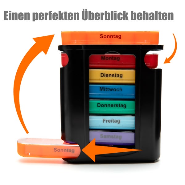 Medikamentenbox zur täglichen Medikamenteneinnahme mit Fächern für jeden Wochentag