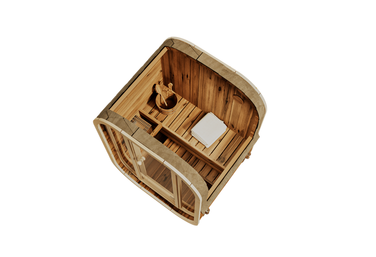 Draufsicht in eine geöffnete Fasssauna aus Holz mit Sitzbank, Holzeimer, Kelle und Handtuch.