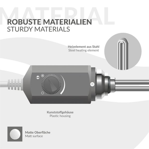 Elektrischer Heizstab für Heizkörper mit robustem Kunststoffgehäuse, mattem Regler und langlebigem Heizelement aus Stahl.
