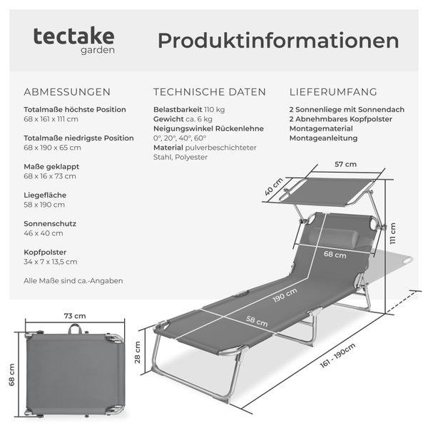 Infografik zur tectake Garten Sonnenliege mit Sonnendach mit Abmessungen, technischen Daten und Lieferumfang für zwei Liegen.