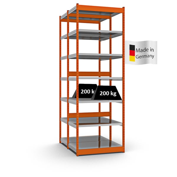 PROREGAL Fachbodenregal Stecksystem Vierkant-Profil Grundregal HxBxT 300 x 102,5 x 60 cm 2x7 Ebenen Doppelseitige Bauart Fachlast 200 kg Orange