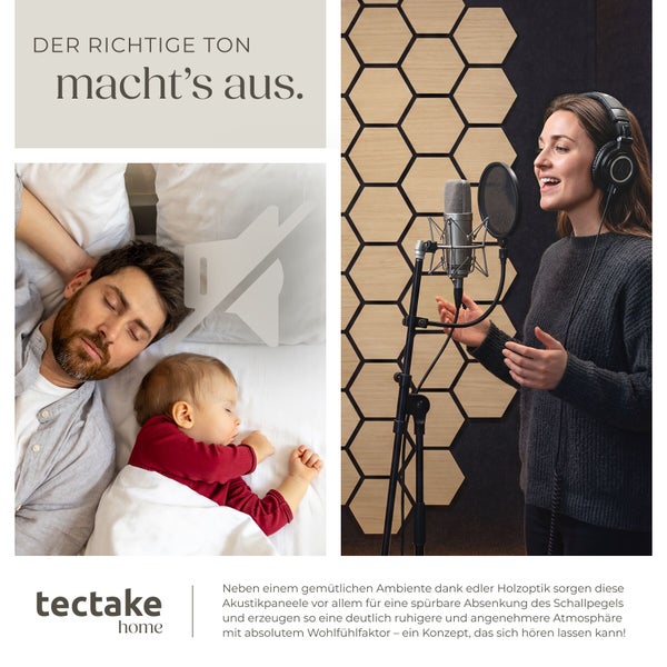 Akustikpaneele in Hexagon-Form mit Holzoptik in einem Tonstudio und einem ruhigen Schlafzimmer. tectake home Logo.