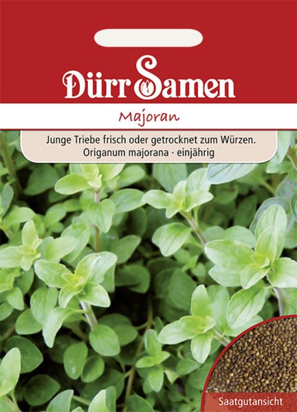 Dürr Samen Majoran Saatgutpackung mit einer Abbildung von Majoranpflanzen und einer Detailansicht der Samen.