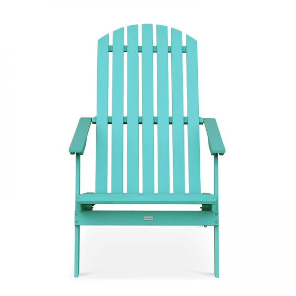 Türkisfarbener Adirondack-Gartensessel aus Kunststoff mit breiten Armlehnen.
