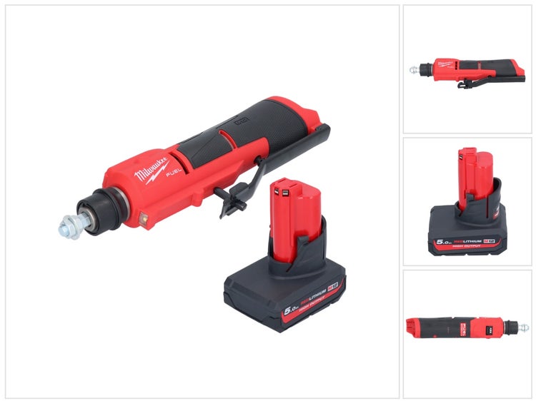 Milwaukee M12 FUEL Akku Geradschleifer mit Ladegerät und Akku für präzise Schleifarbeiten.