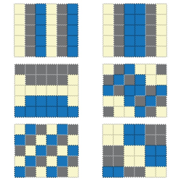 Mehrfarbige, ineinandergreifende Bodenmatten in Puzzleform in verschiedenen Verlegemustern.