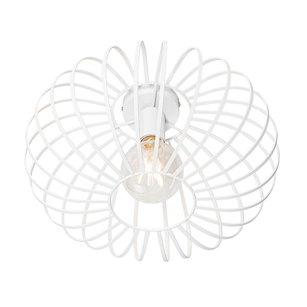 Weiße Deckenleuchte mit kugelförmigem Drahtschirm und Glühbirne