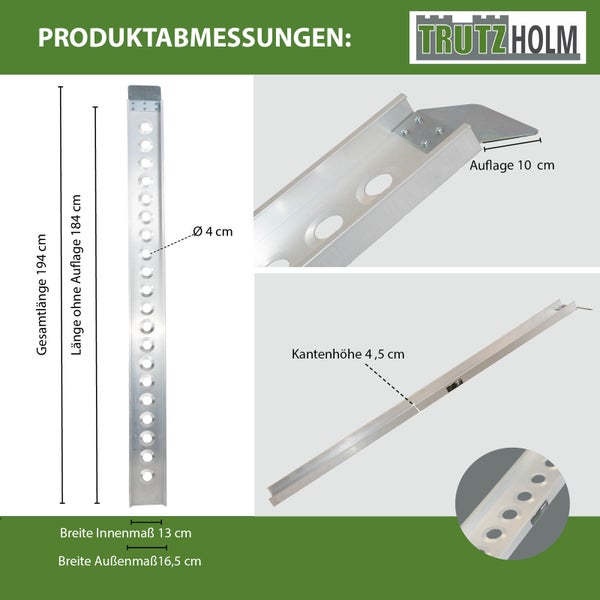TRUTZHOLM 1 x Alu Auffahrschiene 194 cm Traglast 200 kg starr grau Auffahrrampe Verladerampe Rampe