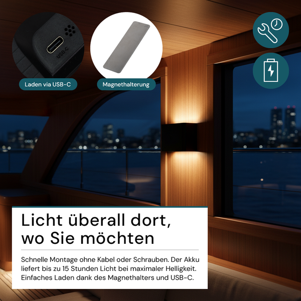 Produktbild einer magnetischen Wandleuchte mit USB-C Anschluss und magnetischer Halterung, symbolisiert einfache Montage und Akkulaufzeit