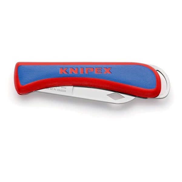 Knipex Elektriker-Klappmesser in Rot und Blau mit rostfreier Klinge und ergonomischem Griff.