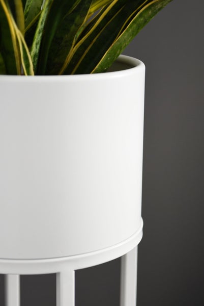 Weißer zylindrischer Blumentopf auf einem weißen Metallständer mit einer grün-gelben Pflanze.