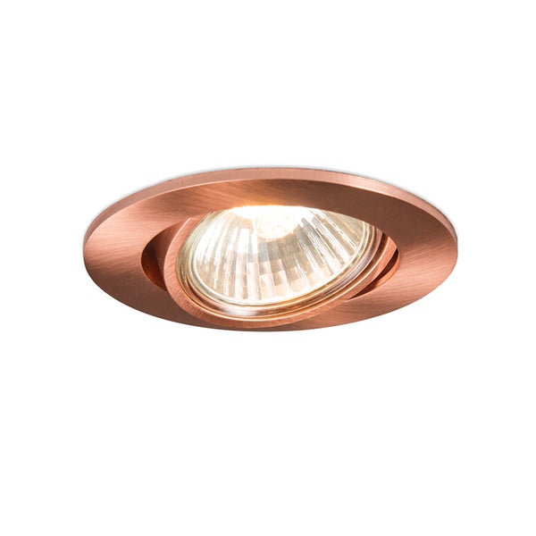 Runder Einbaustrahler schwenkbar aus Kupfer gebürstet mit eingeschaltetem Leuchtmittel.