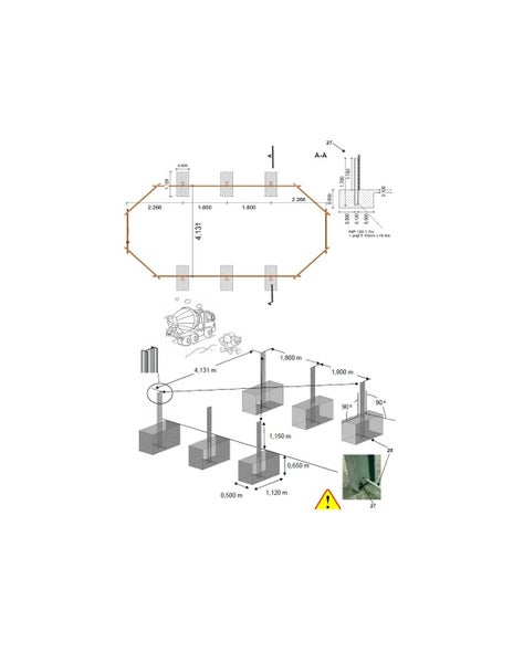 Technische Zeichnung eines Fundamentplans mit Betonmischer-Illustration