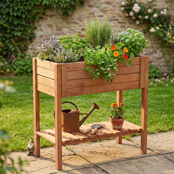 Person pflanzt eine Pflanze in Erde ein, daneben Bilder von Radieschen, Sonnenblumen und Erdbeeren. Text: Flexibel bepflanzbar für Obst und Gemüse.