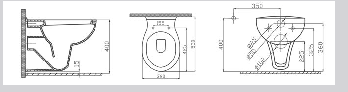 Technische Zeichnung eines Wand-WCs mit Maßangaben.